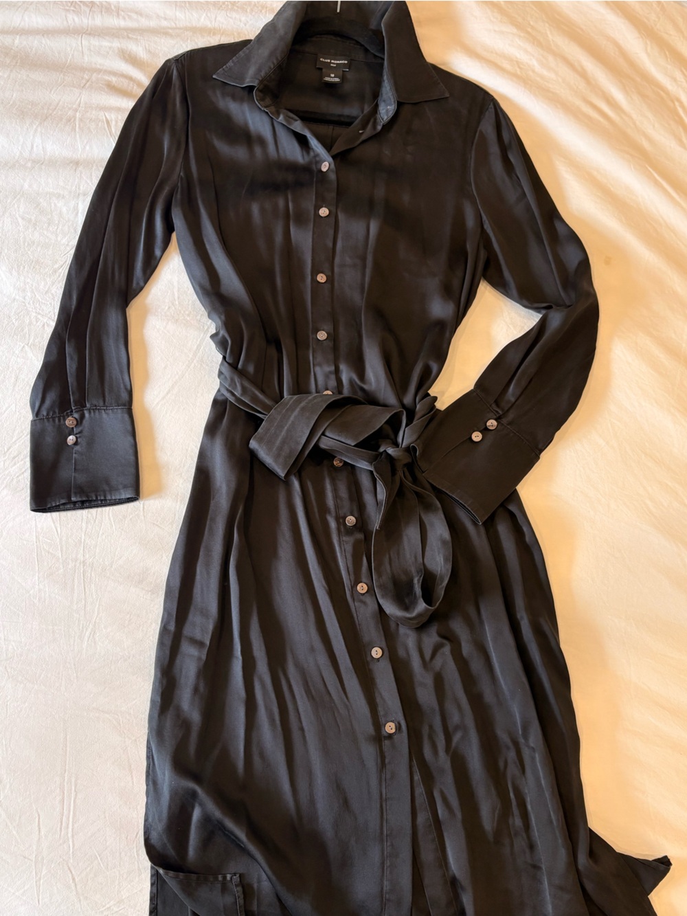 100% Mulberry Silk Club Monaco Black Button-Front Tie-Waist Dress